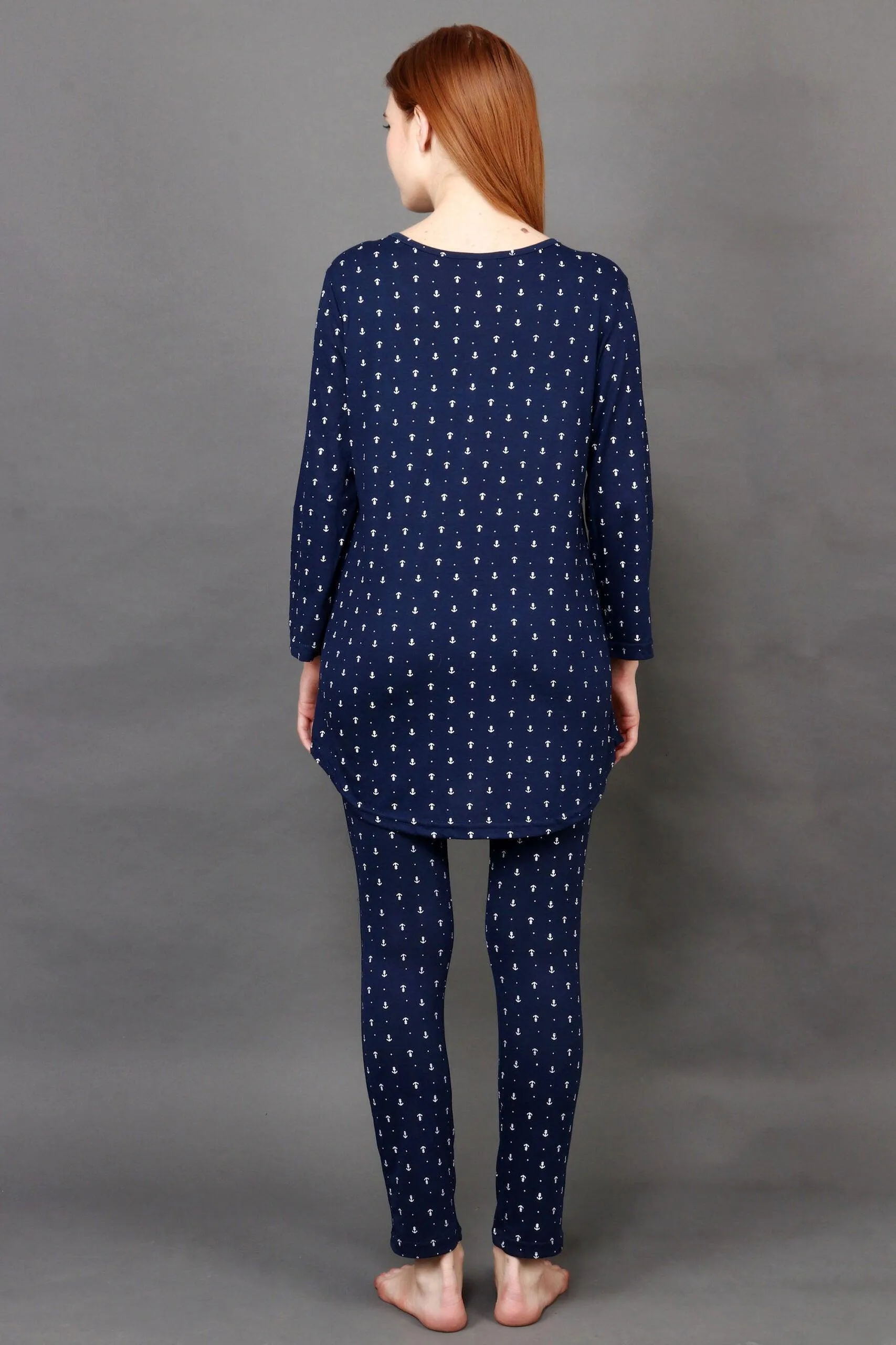 Anchor All Over Printed Night Suit Set with Long Sleeves-Dark Blue