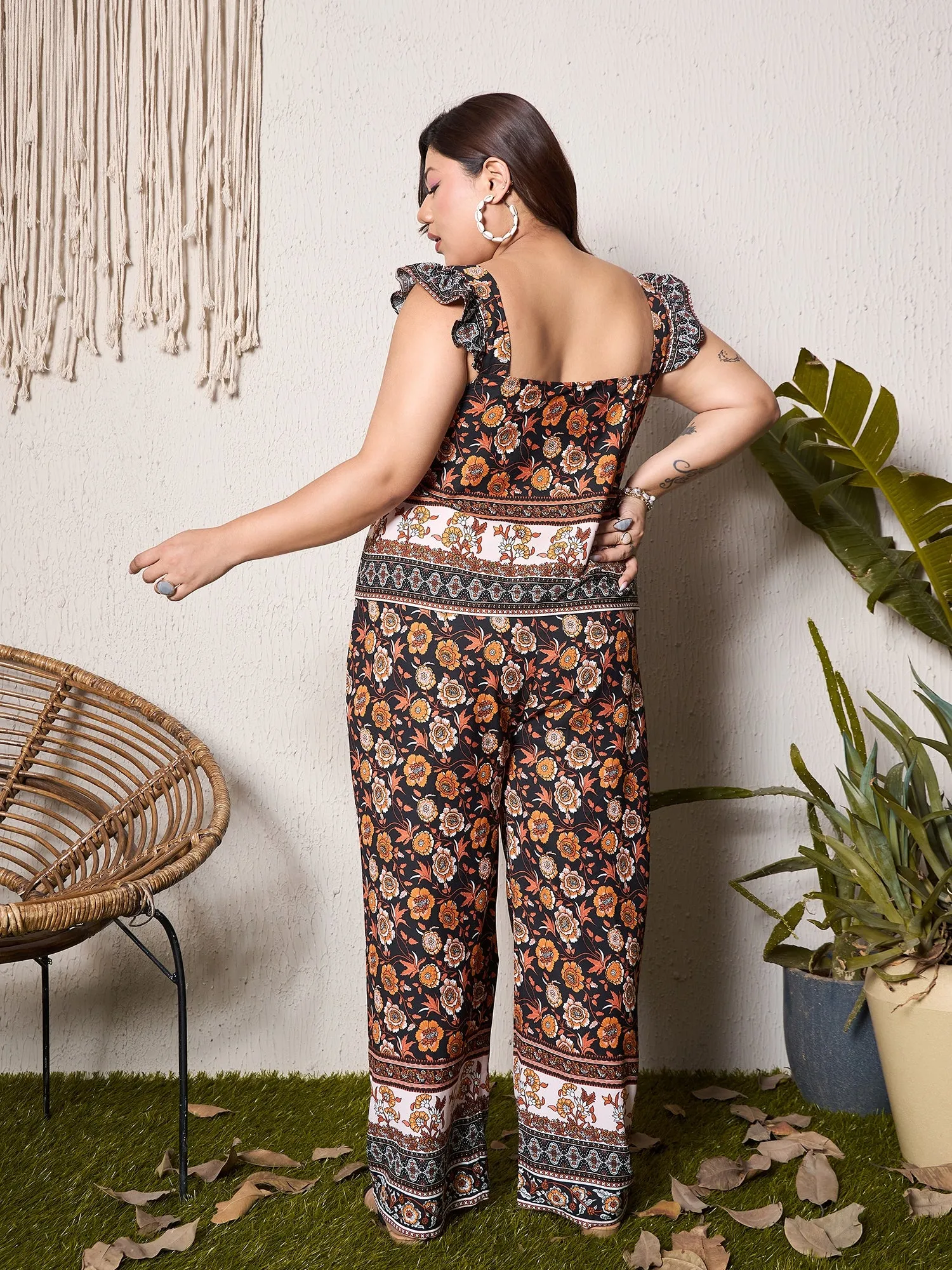 Berrylush Curve Women Black & Orange Floral Printed Square Neck Ruffled Regular Top & Elastic Waist Maxi Trousers Co-Ord Set