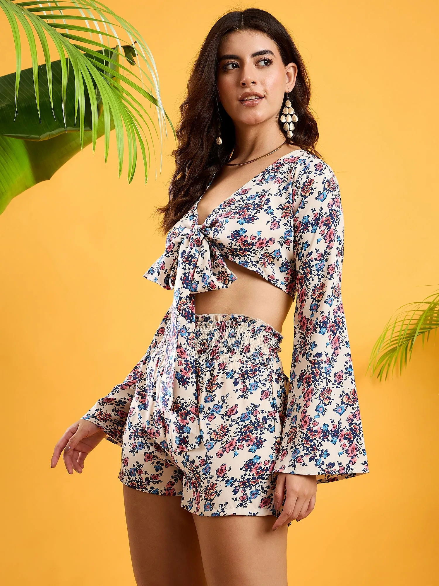 Berrylush Women White, Blue, & Pink Floral Printed V-Neck Front Tie-Up Crop Top & Slip-On Smocked Mini Shorts Co-Ord Set