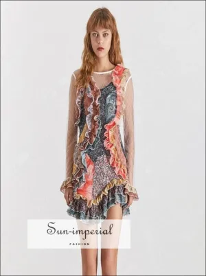 Collage Dress - Vintage Sheer Colorful Print Ruffle Mini Dress Neck Long Sleeve High Slim Mini Dress