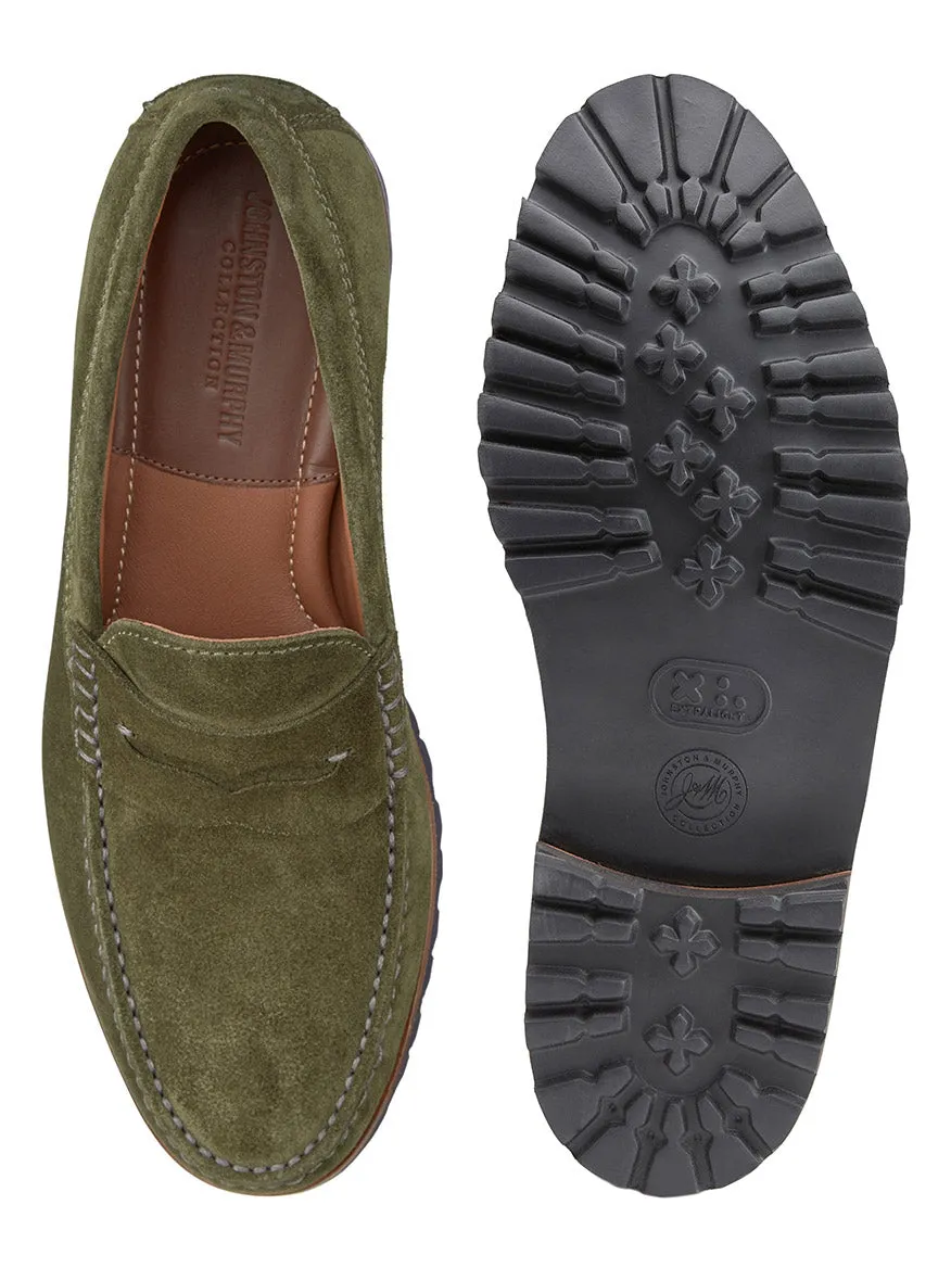 J & M Collection Baldwin Lug Penny in Olive English Suede