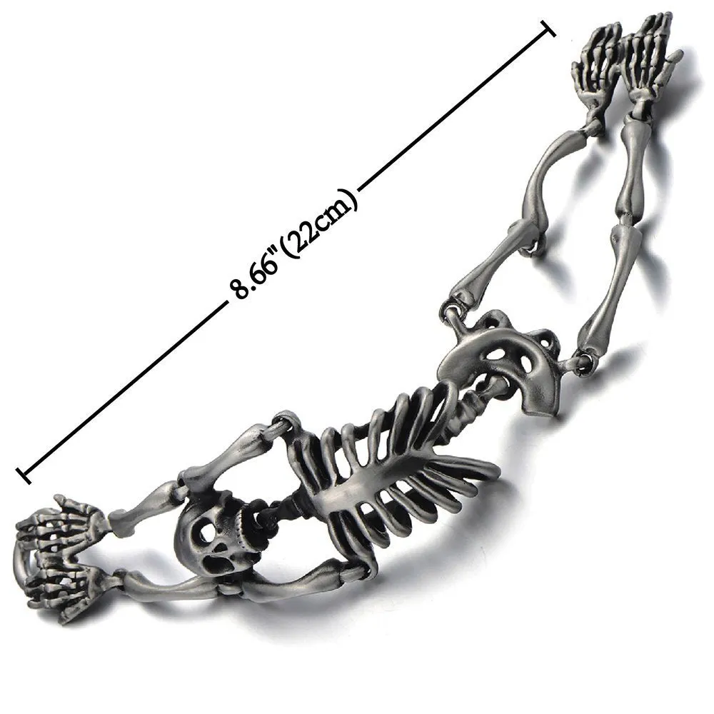 Large Stainless Steel Skull Skeleton Bracelet for Men, Gothic Punk Style with Old Used Metal Treatment, Perfect for Edgy Casual Wear or Themed Events