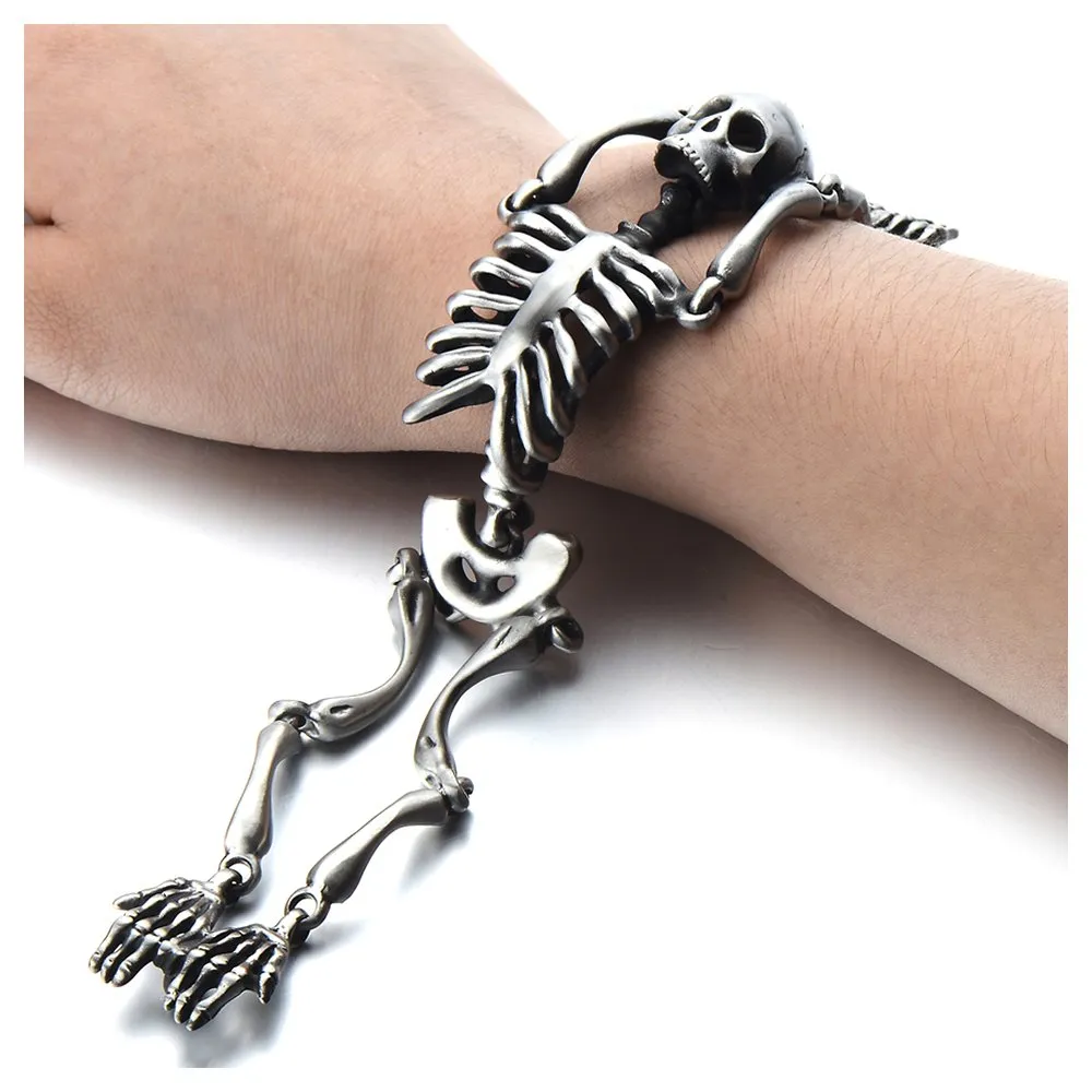 Large Stainless Steel Skull Skeleton Bracelet for Men, Gothic Punk Style with Old Used Metal Treatment, Perfect for Edgy Casual Wear or Themed Events