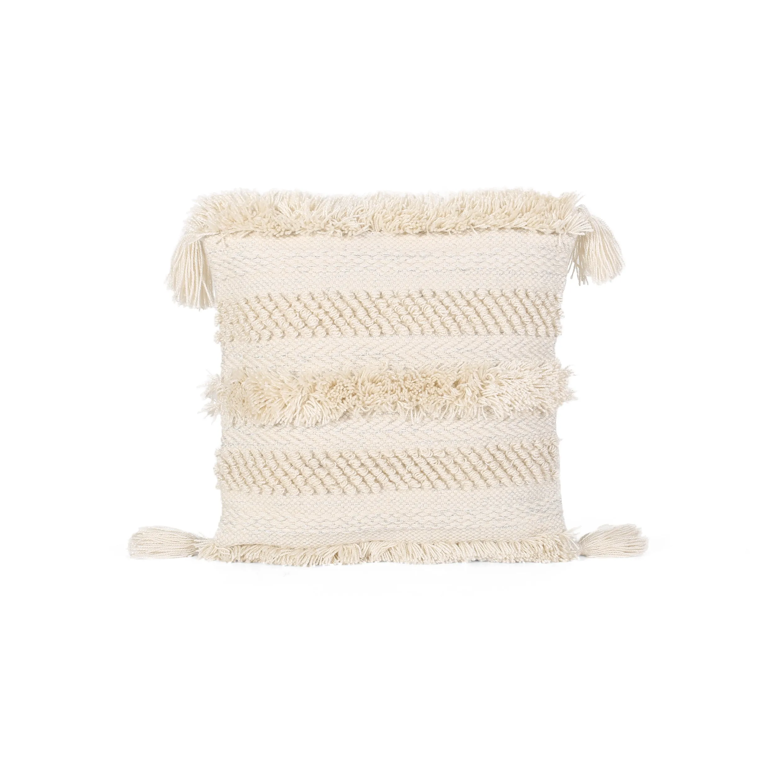 Linda Boho Yarn and Cotton Pillow Cover, White and Silver