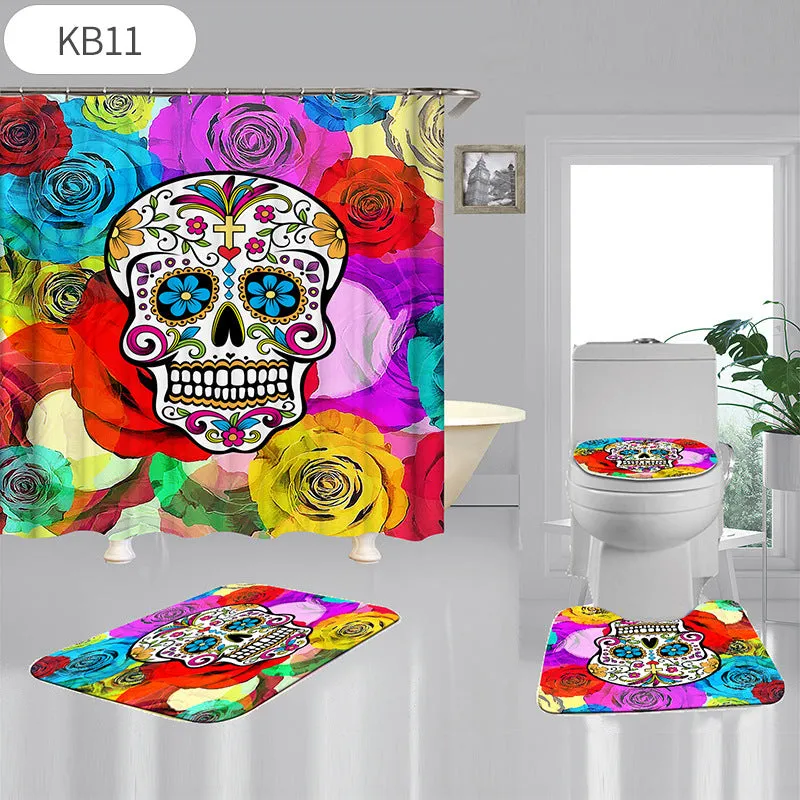Skulls Digitally Printed Shower Curtain, Commode seat Cover & Non-slip Mat * 19 Styles