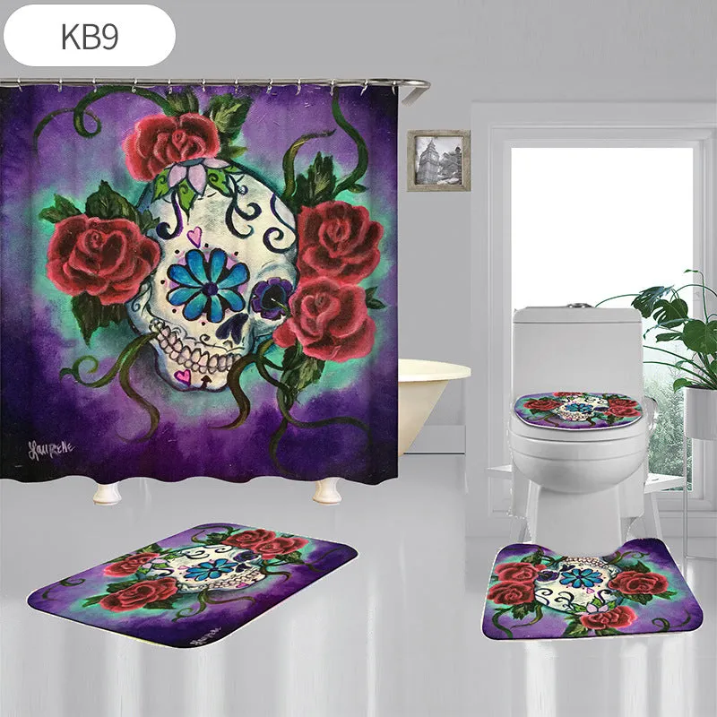 Skulls Digitally Printed Shower Curtain, Commode seat Cover & Non-slip Mat * 19 Styles