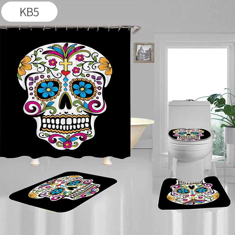 Skulls Digitally Printed Shower Curtain, Commode seat Cover & Non-slip Mat * 19 Styles
