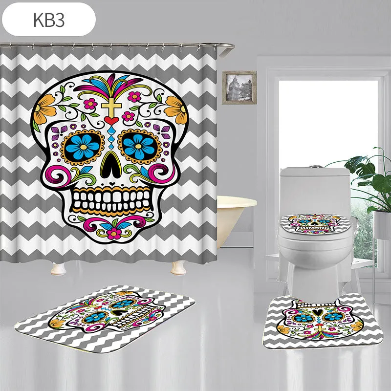 Skulls Digitally Printed Shower Curtain, Commode seat Cover & Non-slip Mat * 19 Styles