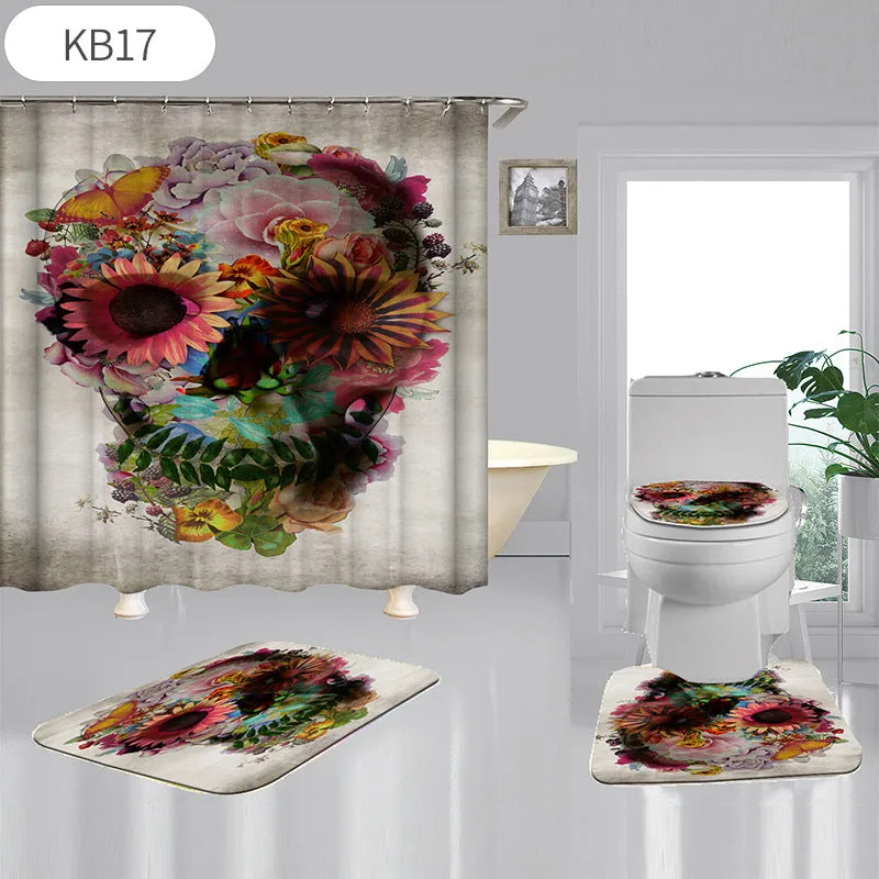 Skulls Digitally Printed Shower Curtain, Commode seat Cover & Non-slip Mat * 19 Styles