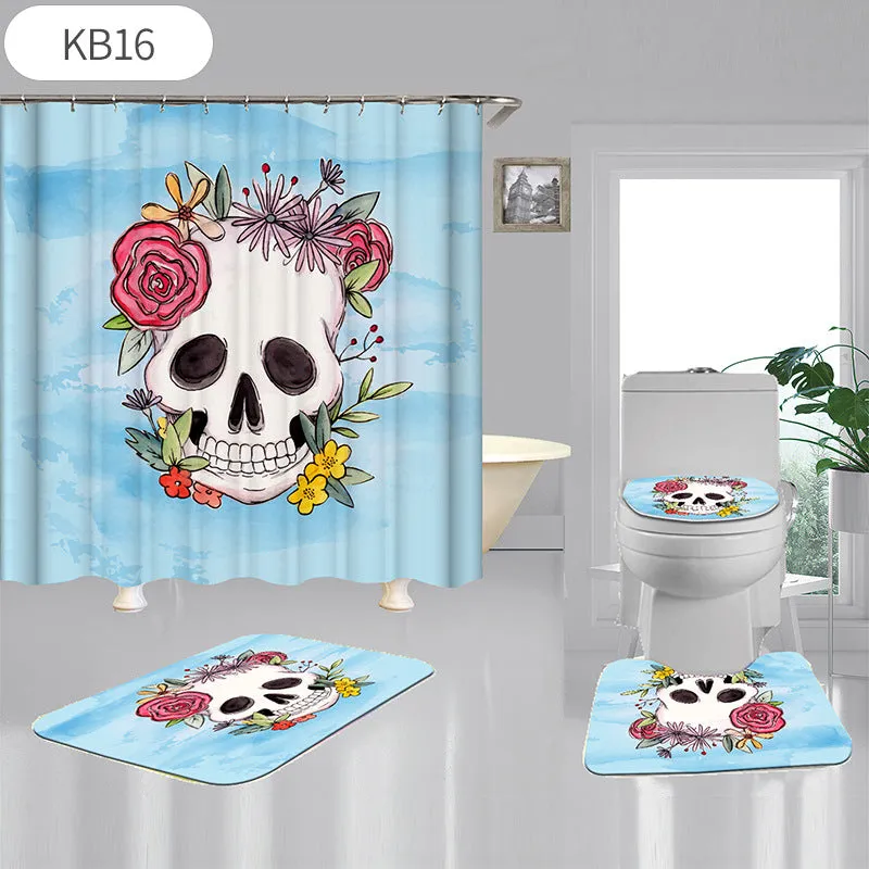 Skulls Digitally Printed Shower Curtain, Commode seat Cover & Non-slip Mat * 19 Styles