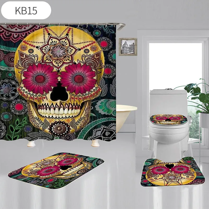 Skulls Digitally Printed Shower Curtain, Commode seat Cover & Non-slip Mat * 19 Styles