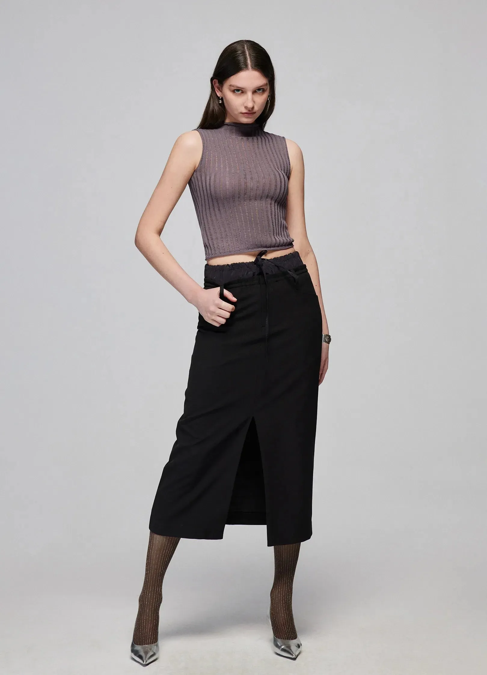 Slit Patchwork Midi Skirt