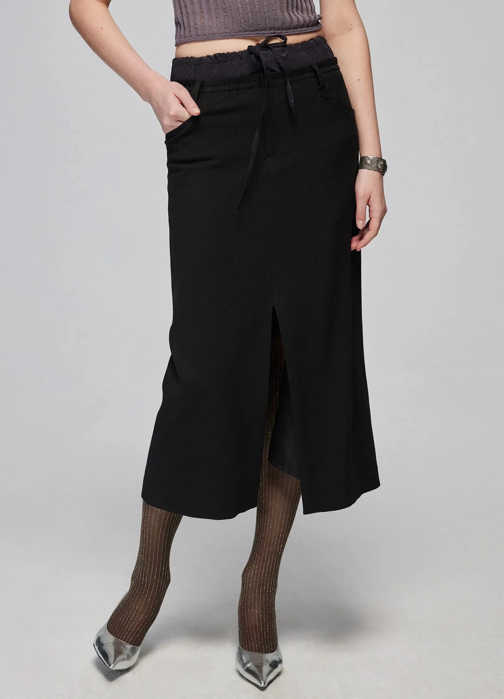 Slit Patchwork Midi Skirt