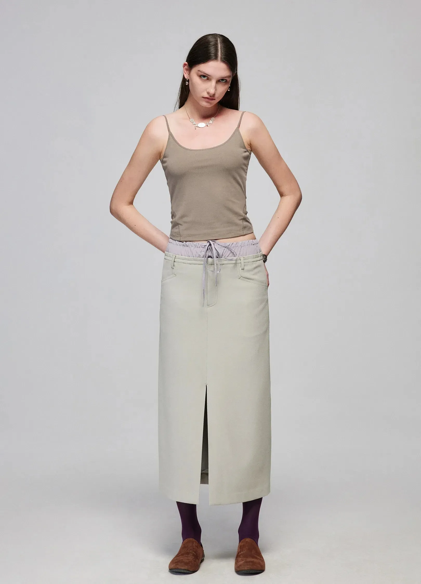 Slit Patchwork Midi Skirt