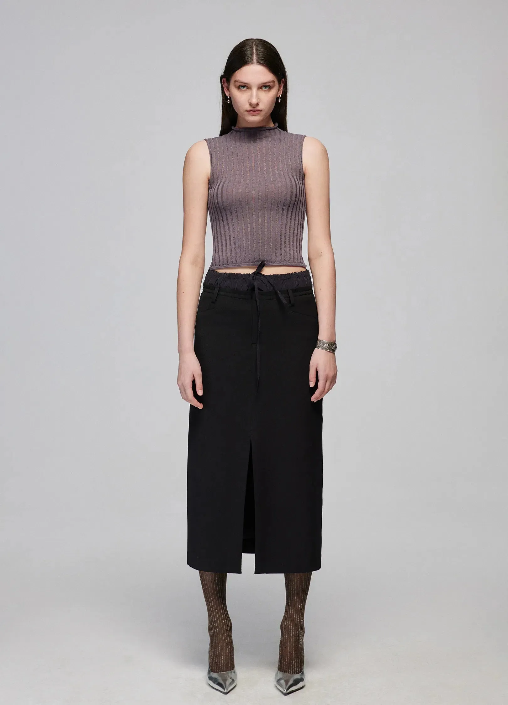 Slit Patchwork Midi Skirt