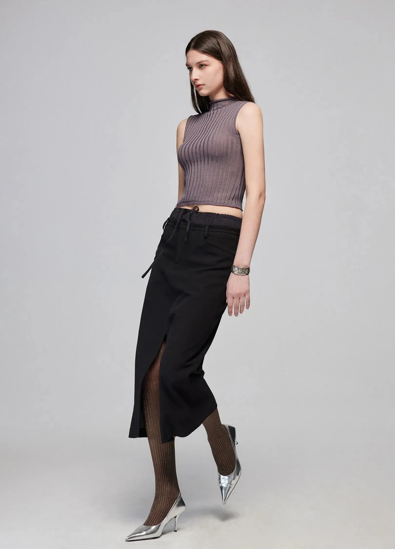 Slit Patchwork Midi Skirt