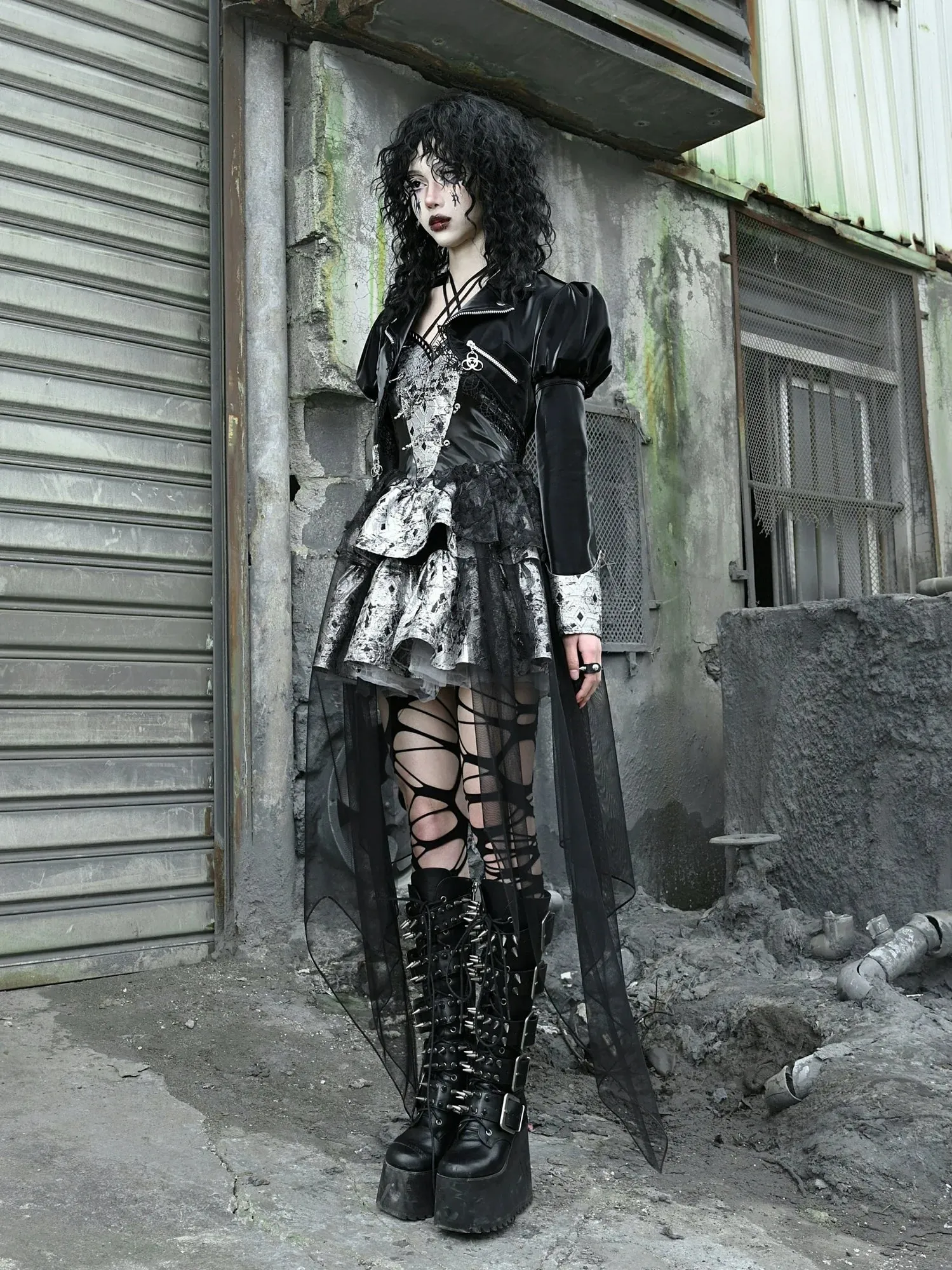 Splicing Lace Jacket Punk Mesh Leather PU Short