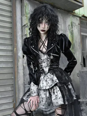 Splicing Lace Jacket Punk Mesh Leather PU Short