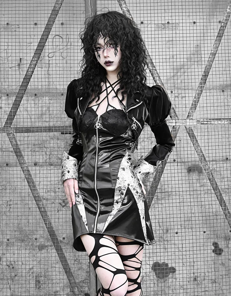 Splicing Lace Jacket Punk Mesh Leather PU Short