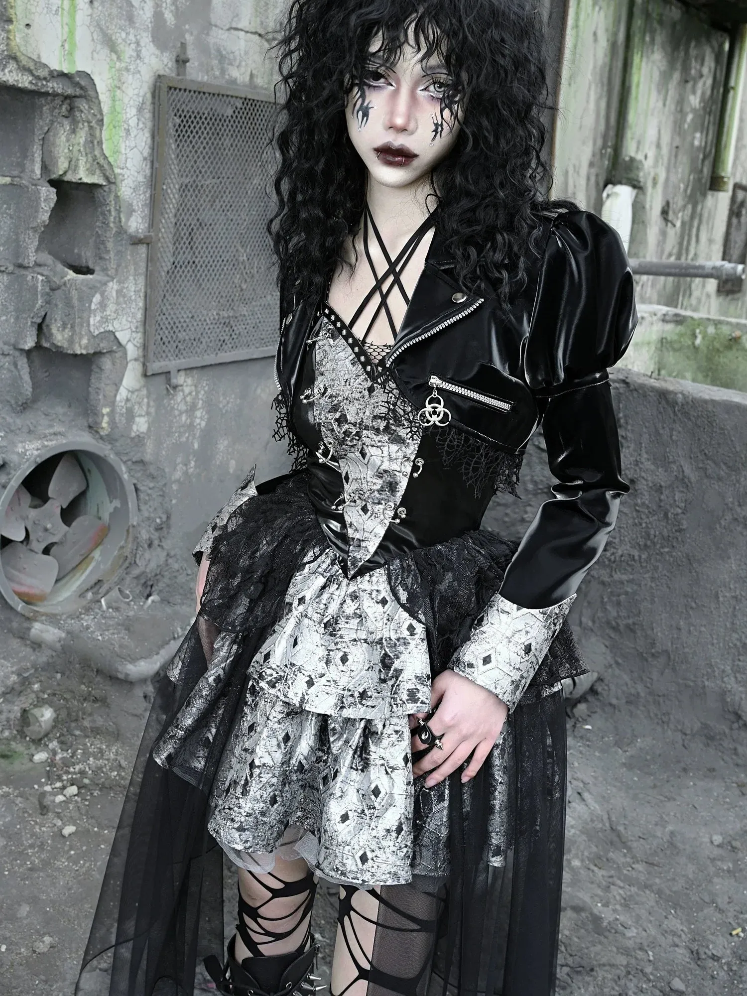 Splicing Lace Jacket Punk Mesh Leather PU Short