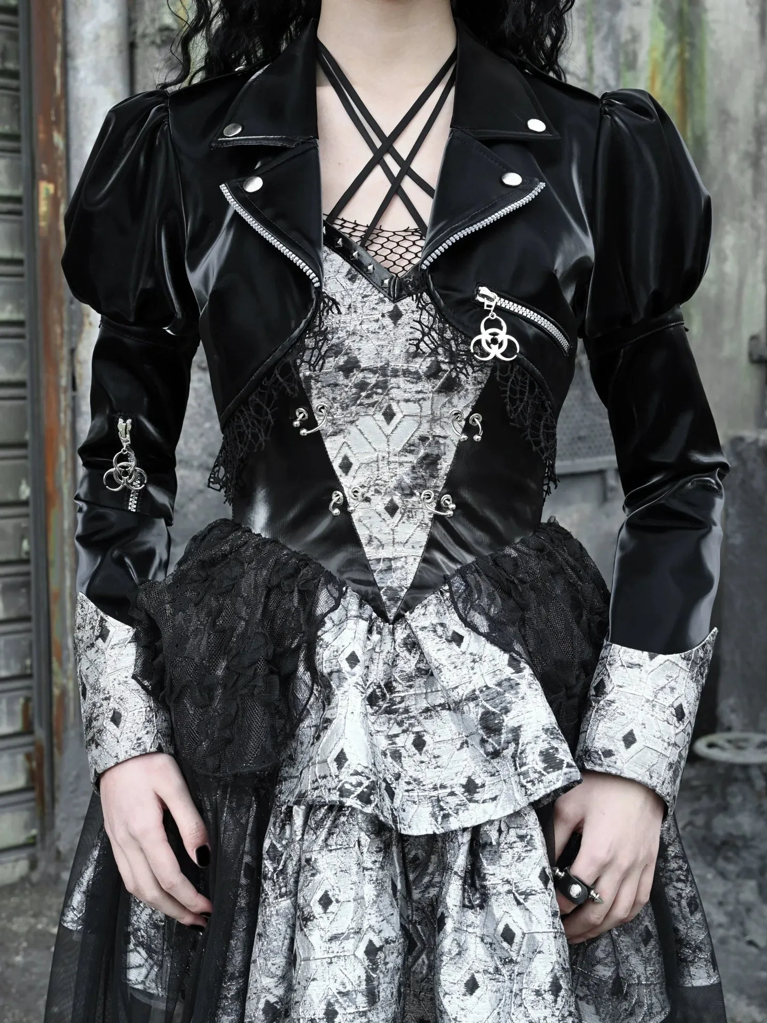 Splicing Lace Jacket Punk Mesh Leather PU Short