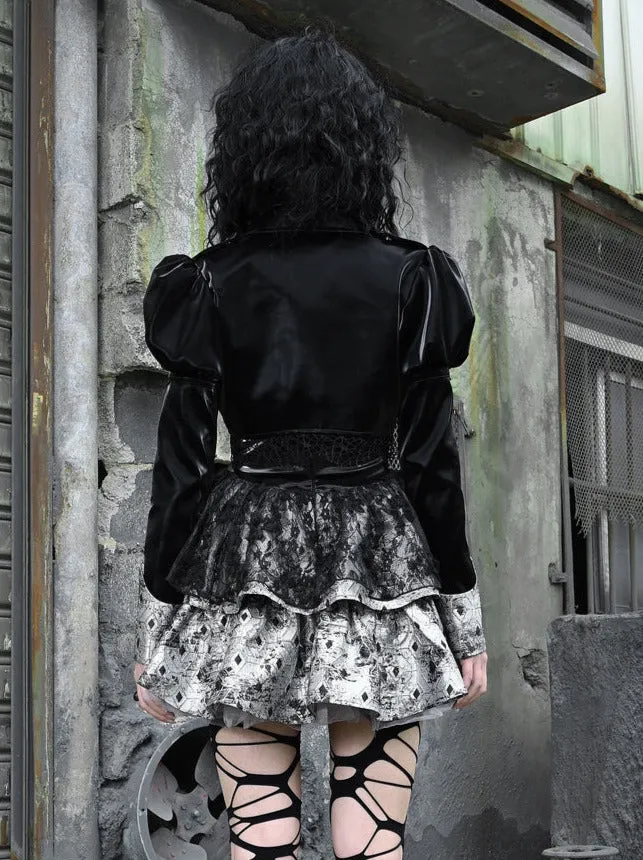 Splicing Lace Jacket Punk Mesh Leather PU Short