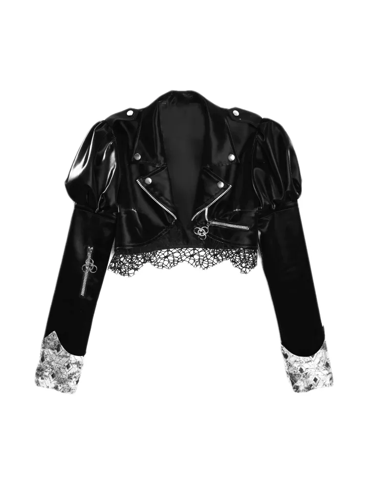 Splicing Lace Jacket Punk Mesh Leather PU Short