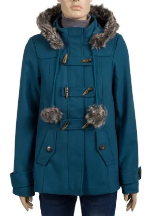 Teal Faux Fur Trim Hooded Duffle Coat