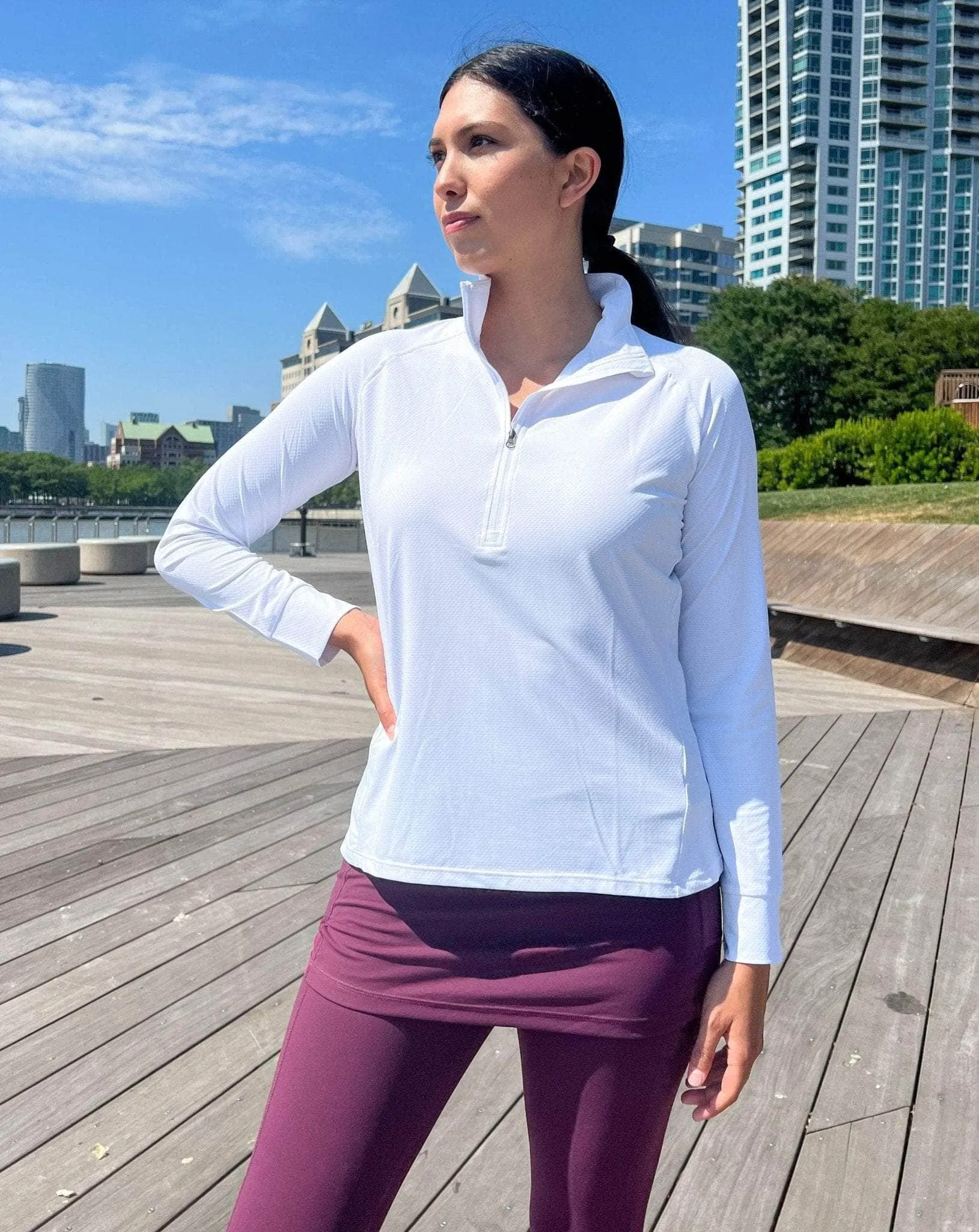 White Quarter Zip Women's Long Sleeve Pullover