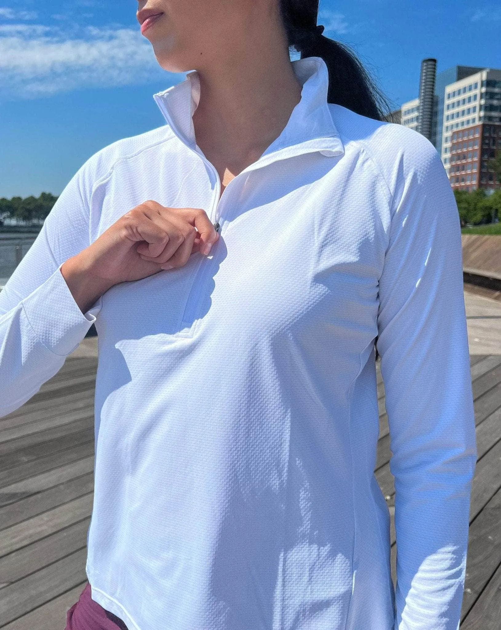 White Quarter Zip Women's Long Sleeve Pullover