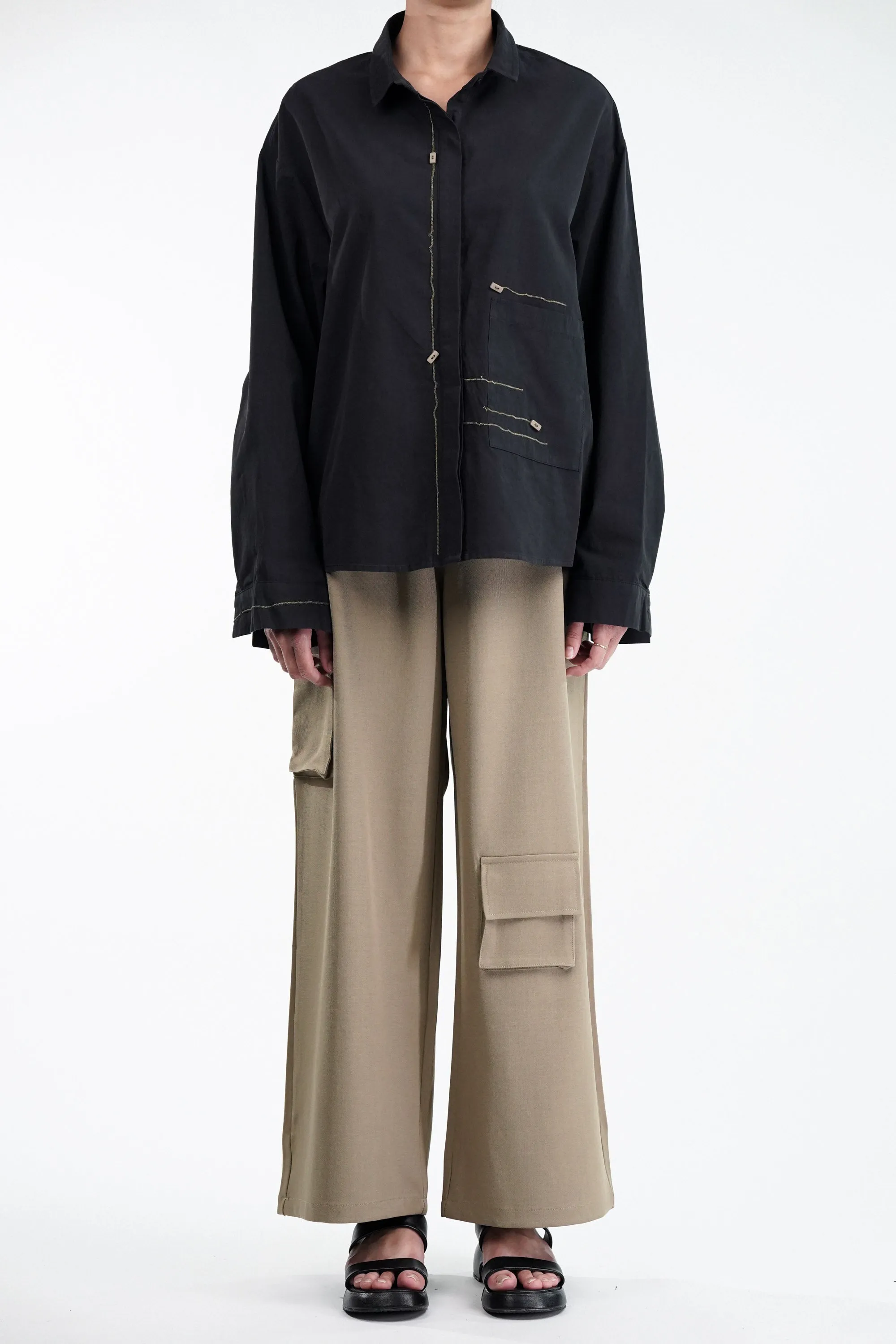 Zigzag Thread Oversized Cotton Black Shirt